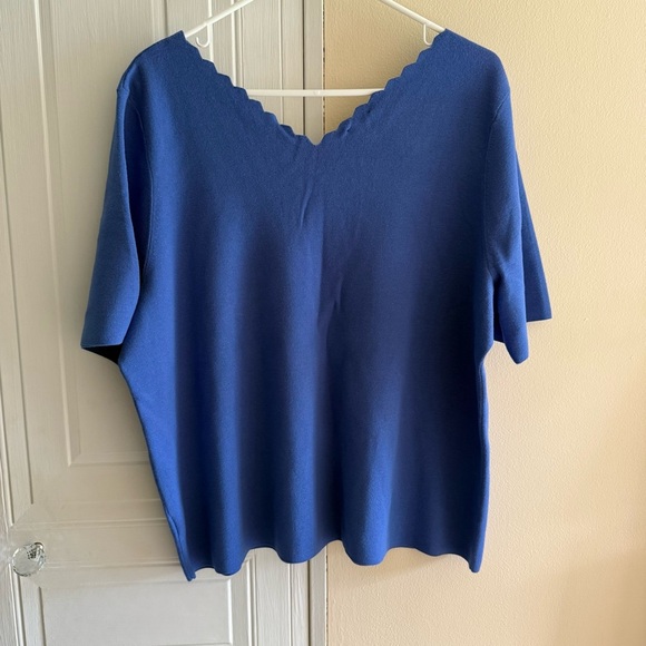 Talbots Royal Blue Scalloped edged V-Neck Blouse short sleeve sweater 3X Petite - Picture 2 of 7